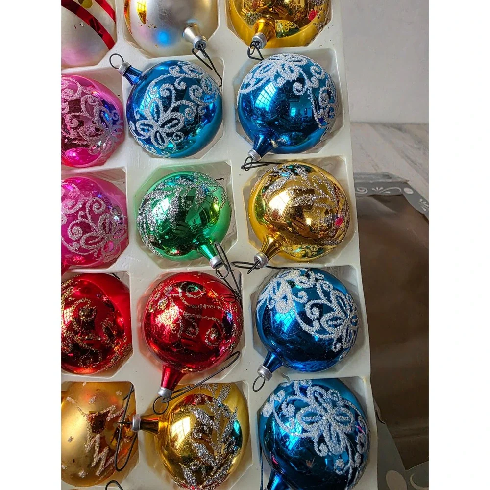 Vintage Columbia mini Mica glitter ball ornament set pink blue green red gold